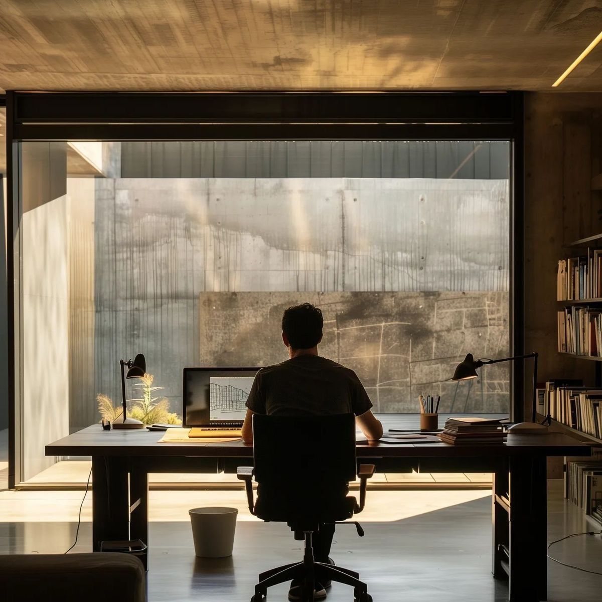 A man working alone at a desk in a quiet concrete studio